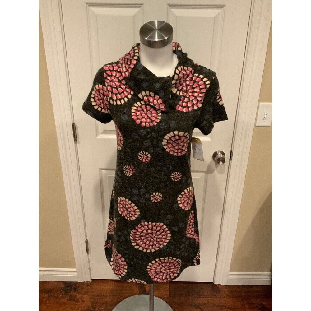 Aryeh Gray & Pink Floral Knit Split Neck Dress, Size Medium